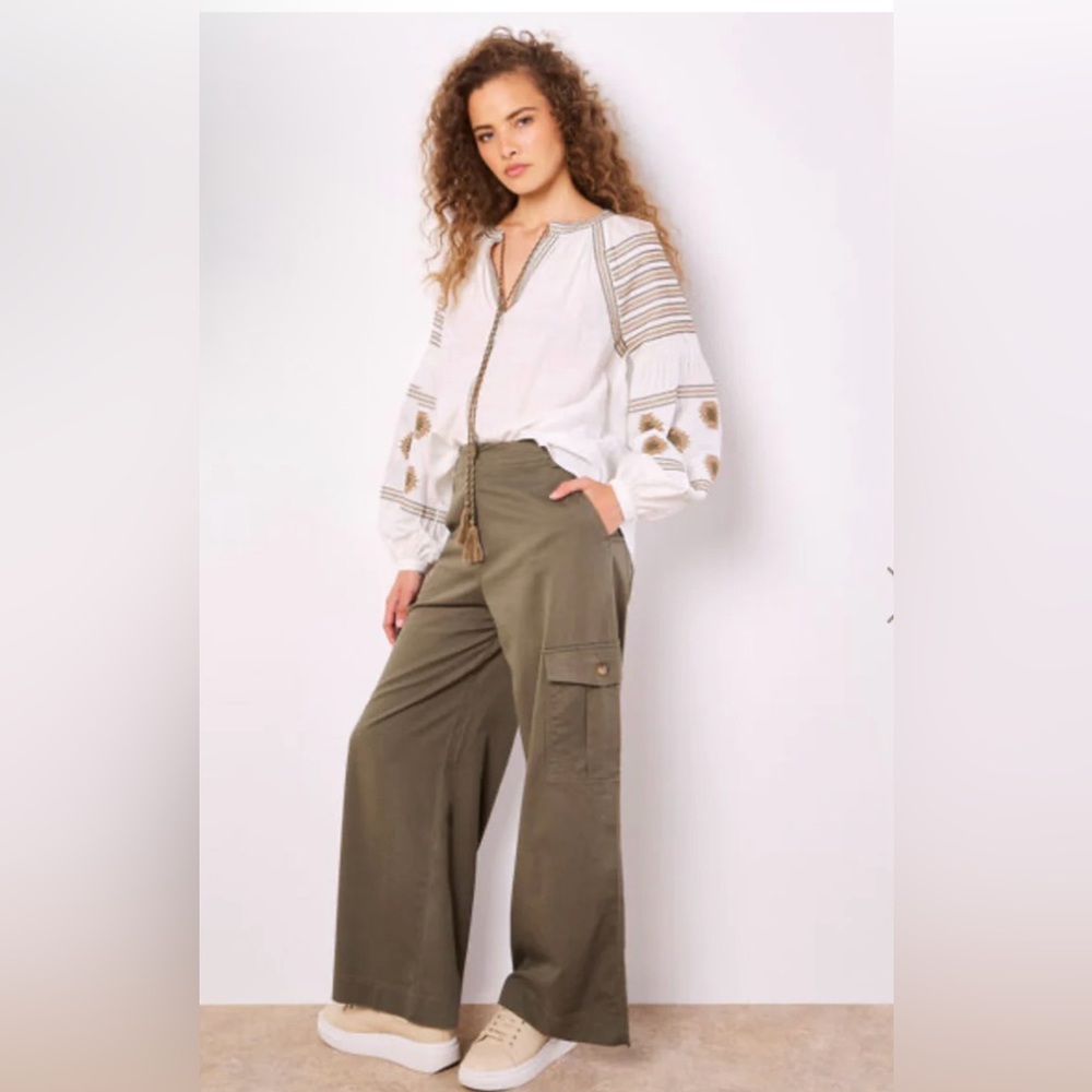 APRICOT 🍑- Embroidered White Peasant Blouse with Tassel Tie - Picture 2 of 2